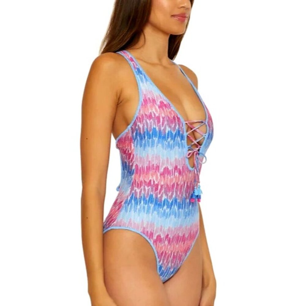 Becca Women's Joshua Tree One-Piece Swimsuit Pink Blue Lace Up $158 NWT S, M, L - Picture 2 of 9